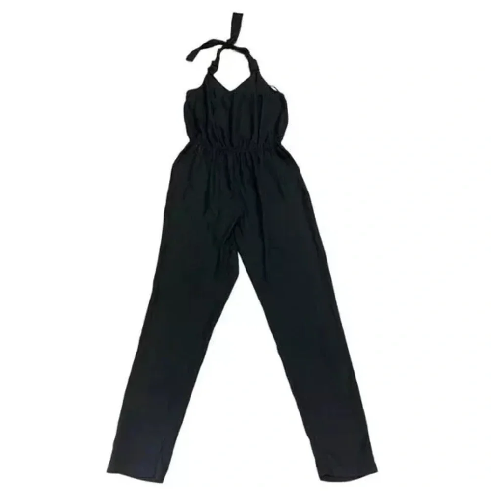 Dex Size X-Small Solid Black Halter Pants Jumpsuit sleeveless v-neck poc… - Picture 3 of 7